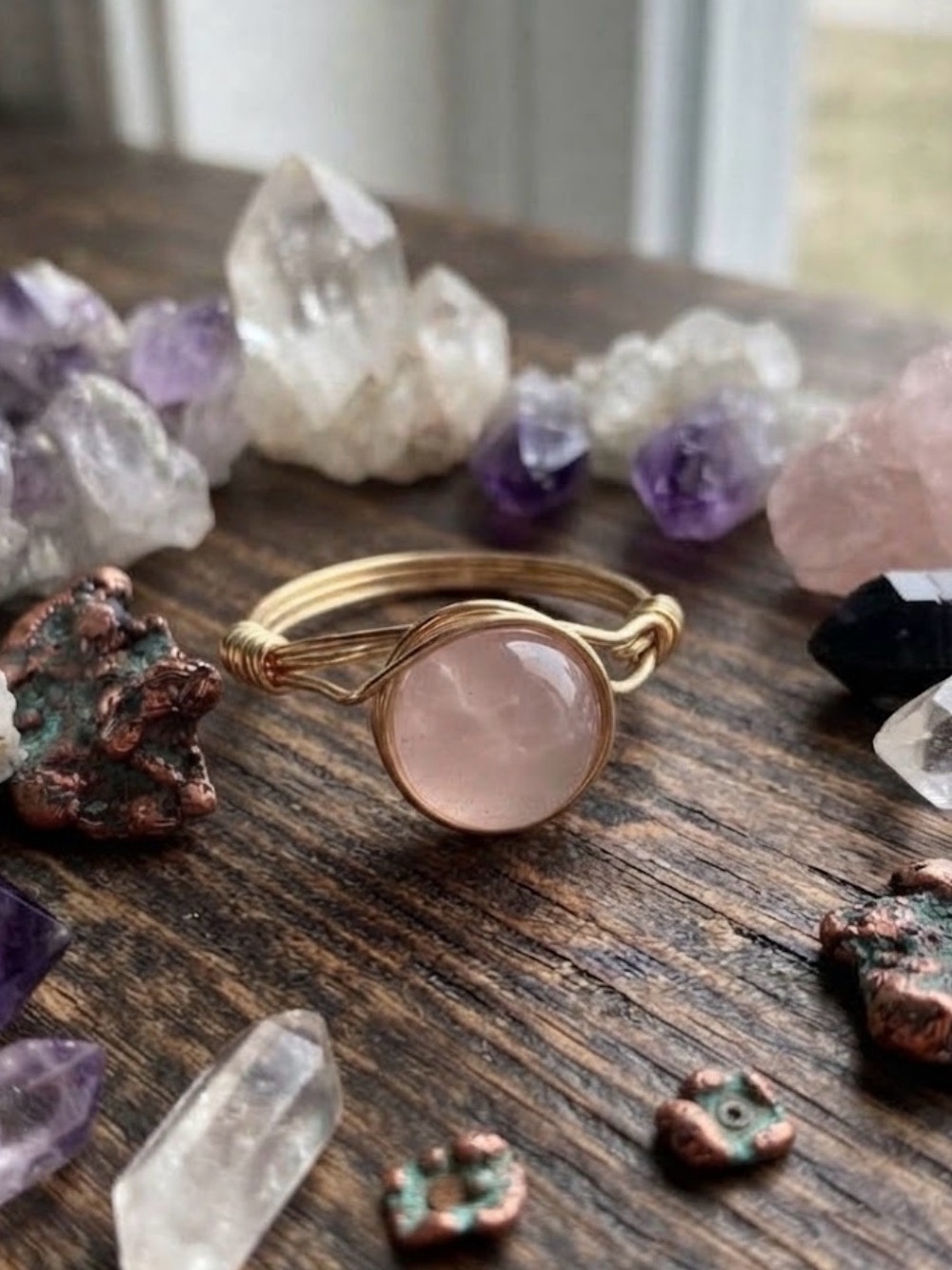 Gold Wire Wrapped Rose Quartz Ring - Women's size 8 Jewelry